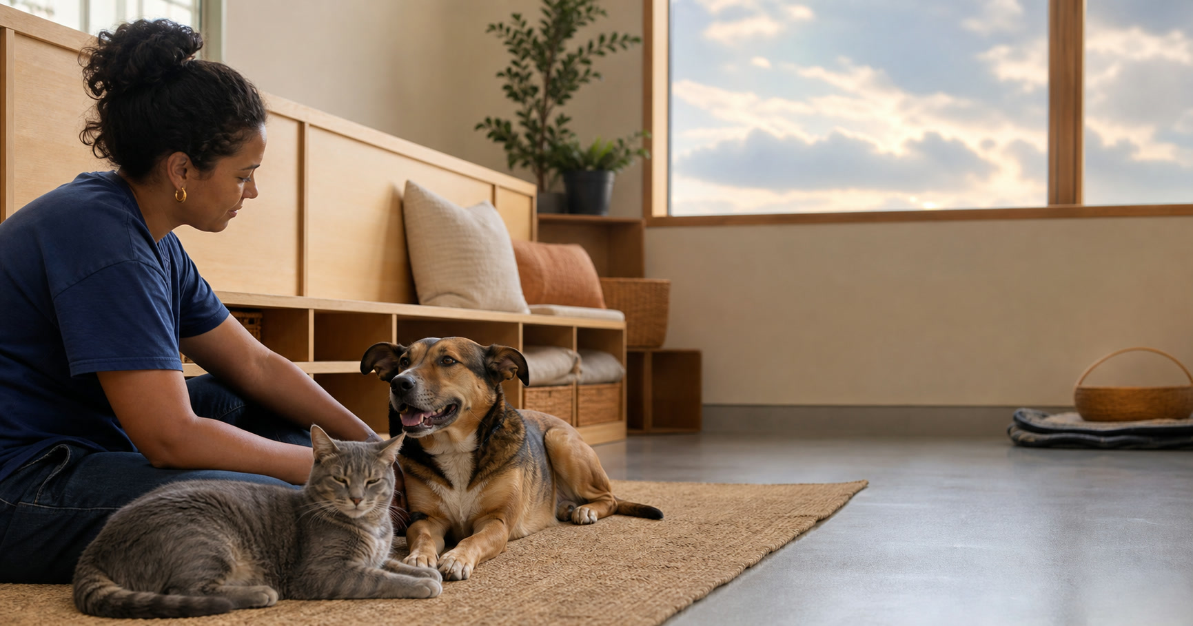 A volunteer sharing a quiet adoption room with a relaxed dog and grey cat