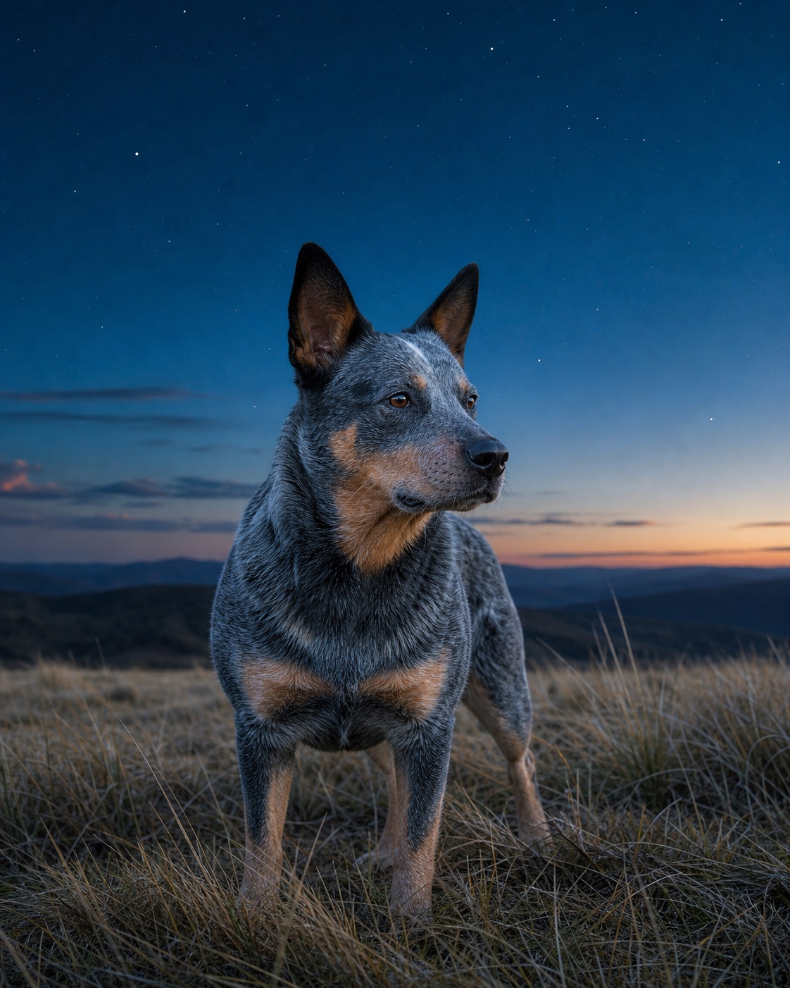 Australian Cattle Dog in a quiet blue-hour landscape