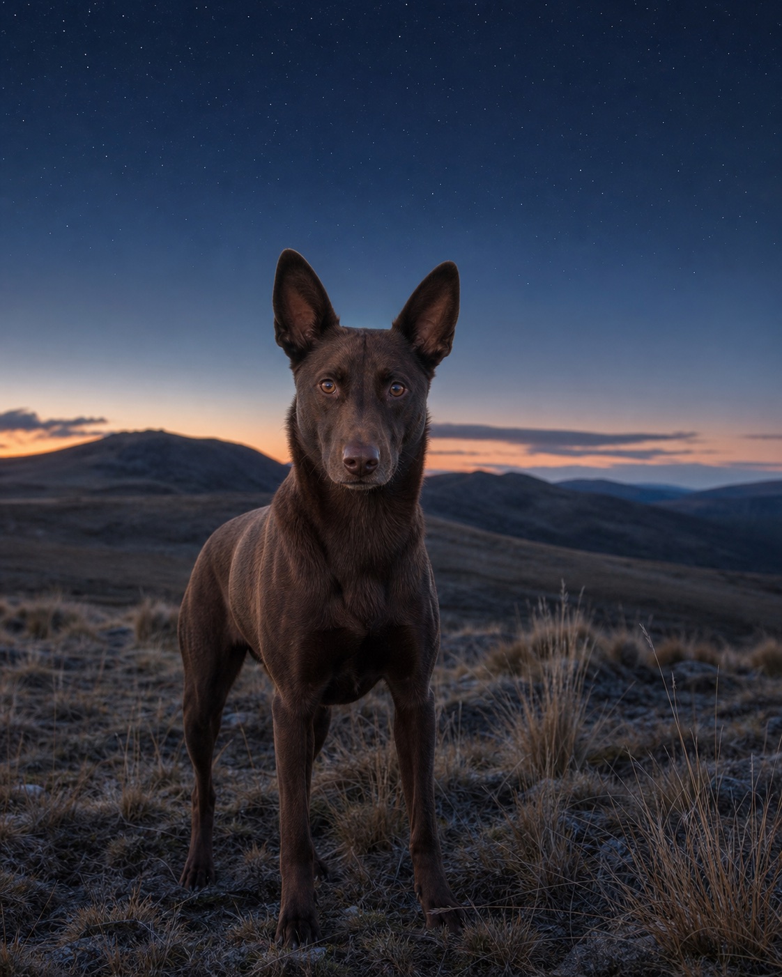 Australian Kelpie in a quiet blue-hour landscape