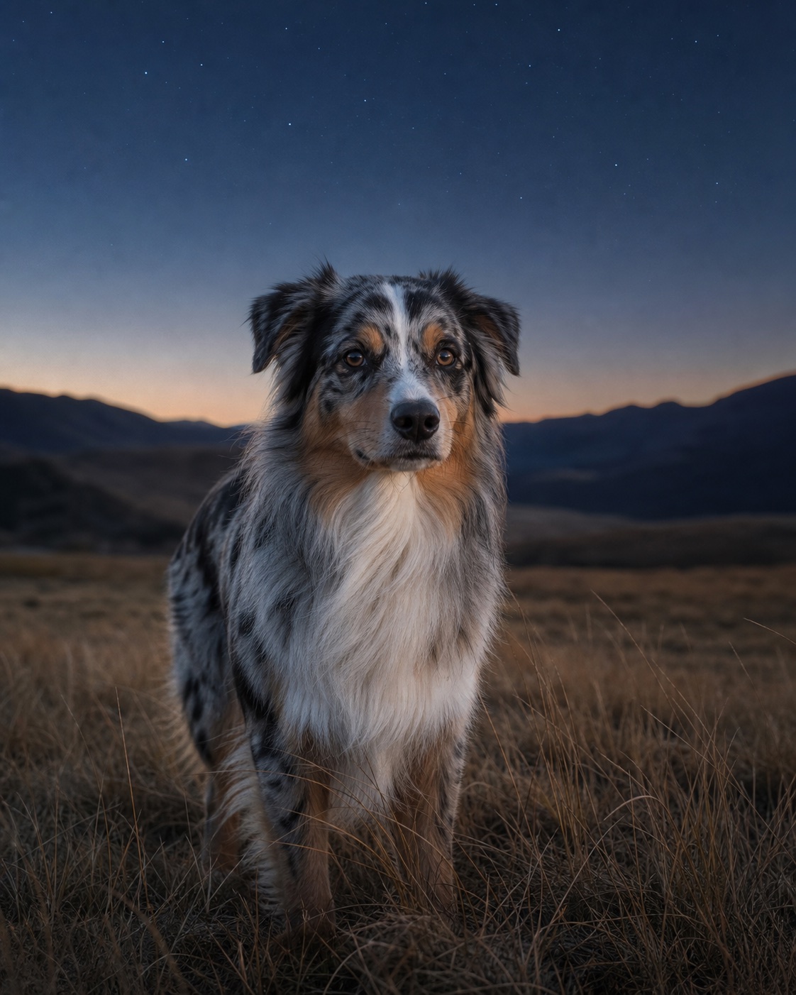 Australian Shepherd in a quiet blue-hour landscape
