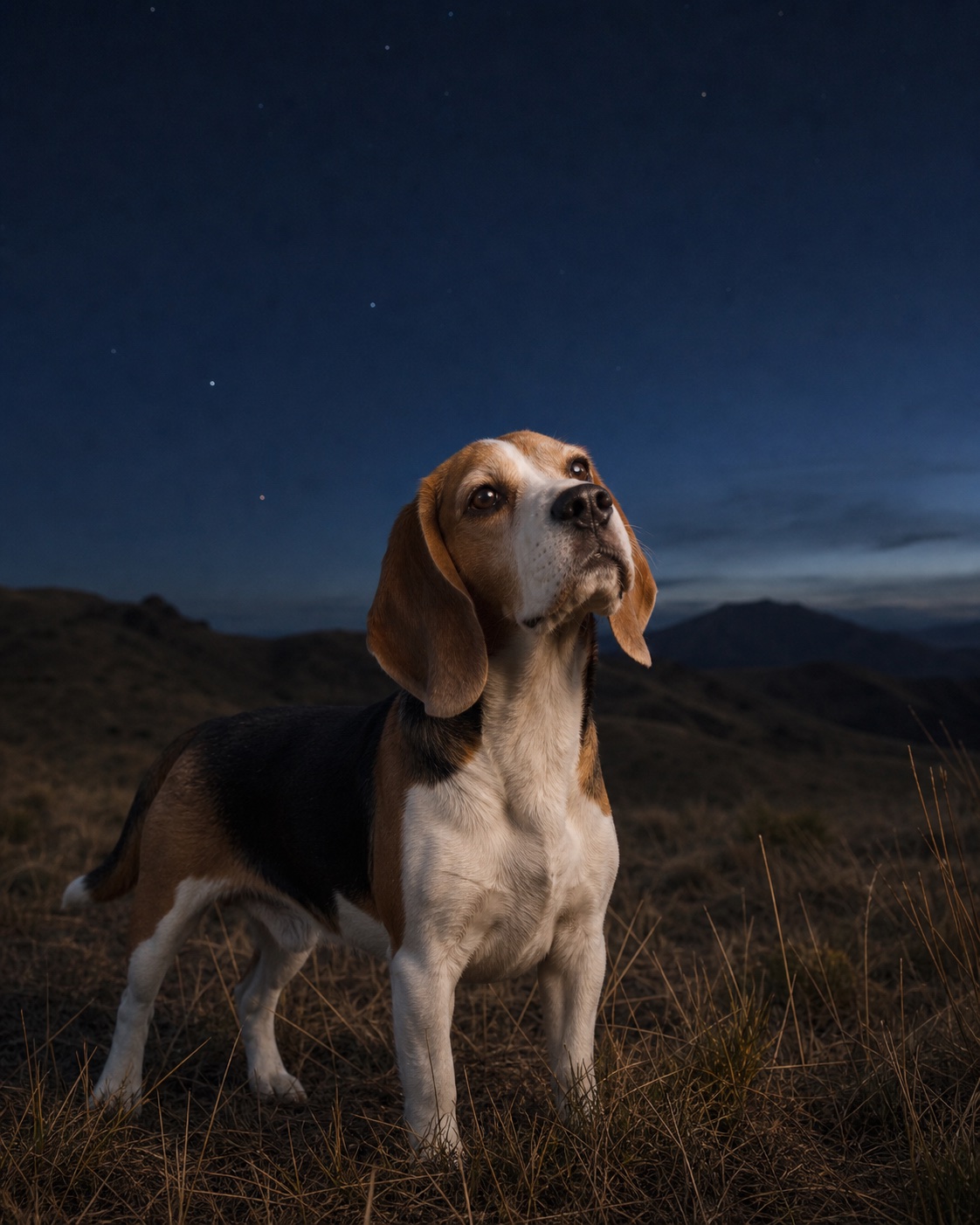 Beagle in a quiet blue-hour landscape