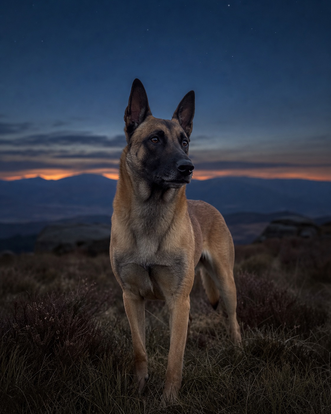 Belgian Malinois in a quiet blue-hour landscape