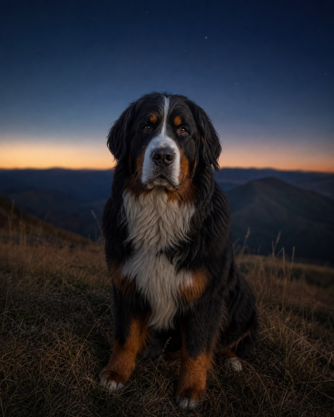 Bernese Mountain Dog in a quiet blue-hour landscape