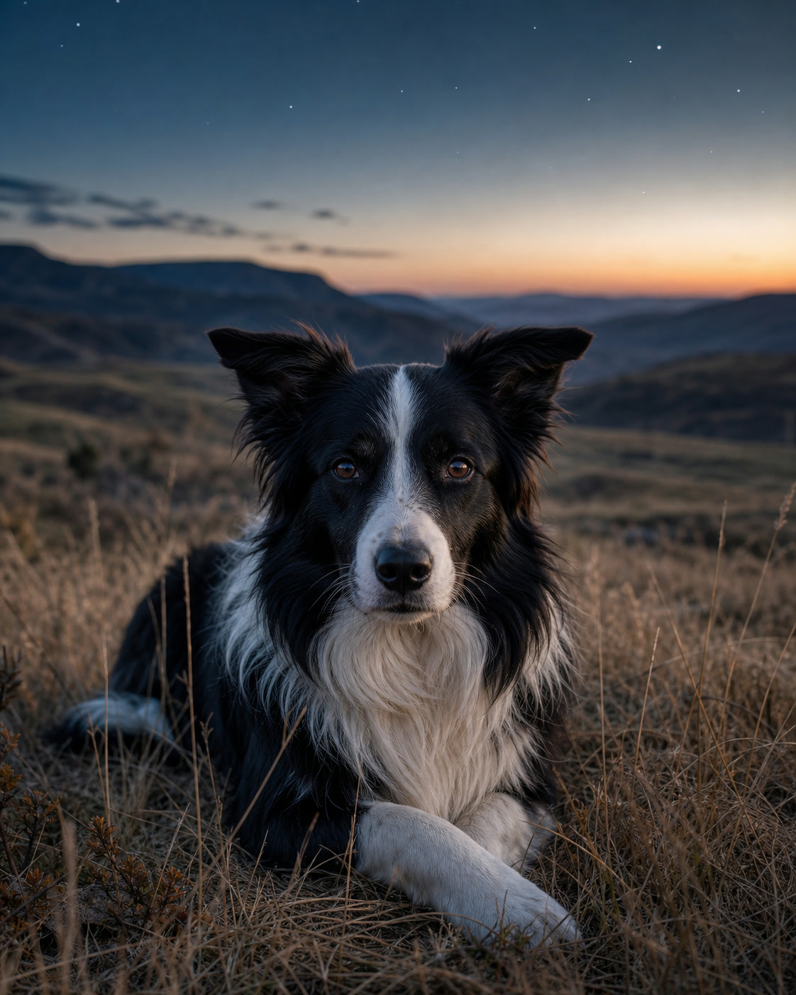 A black and white Border Collie resting in highland grass at dusk