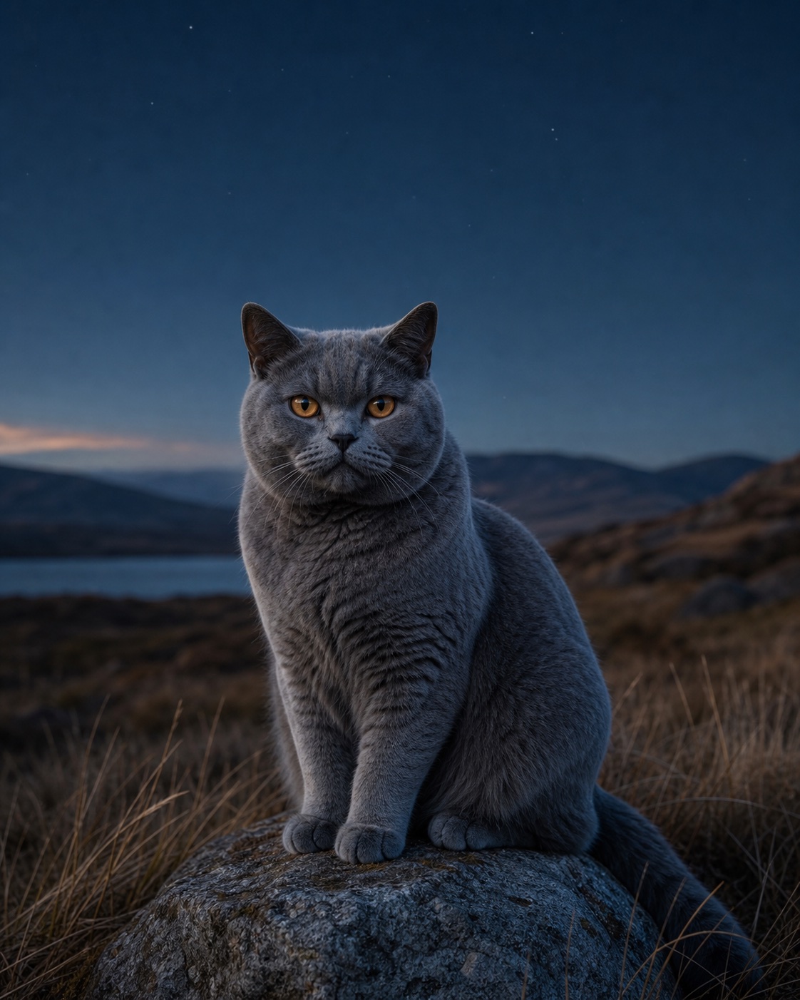 British Shorthair in a quiet blue-hour landscape