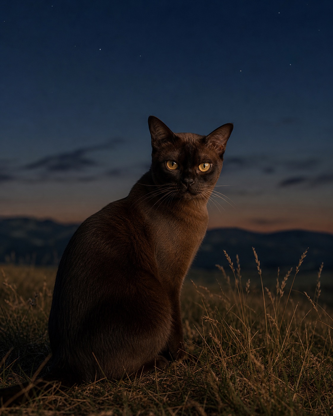 Burmese in a quiet blue-hour landscape