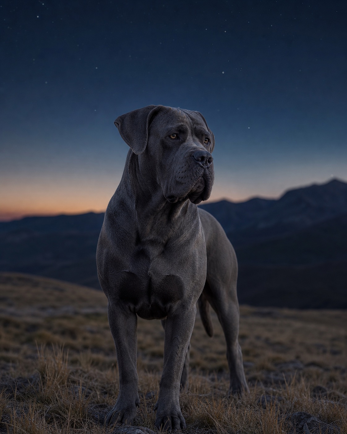 Cane Corso in a quiet blue-hour landscape