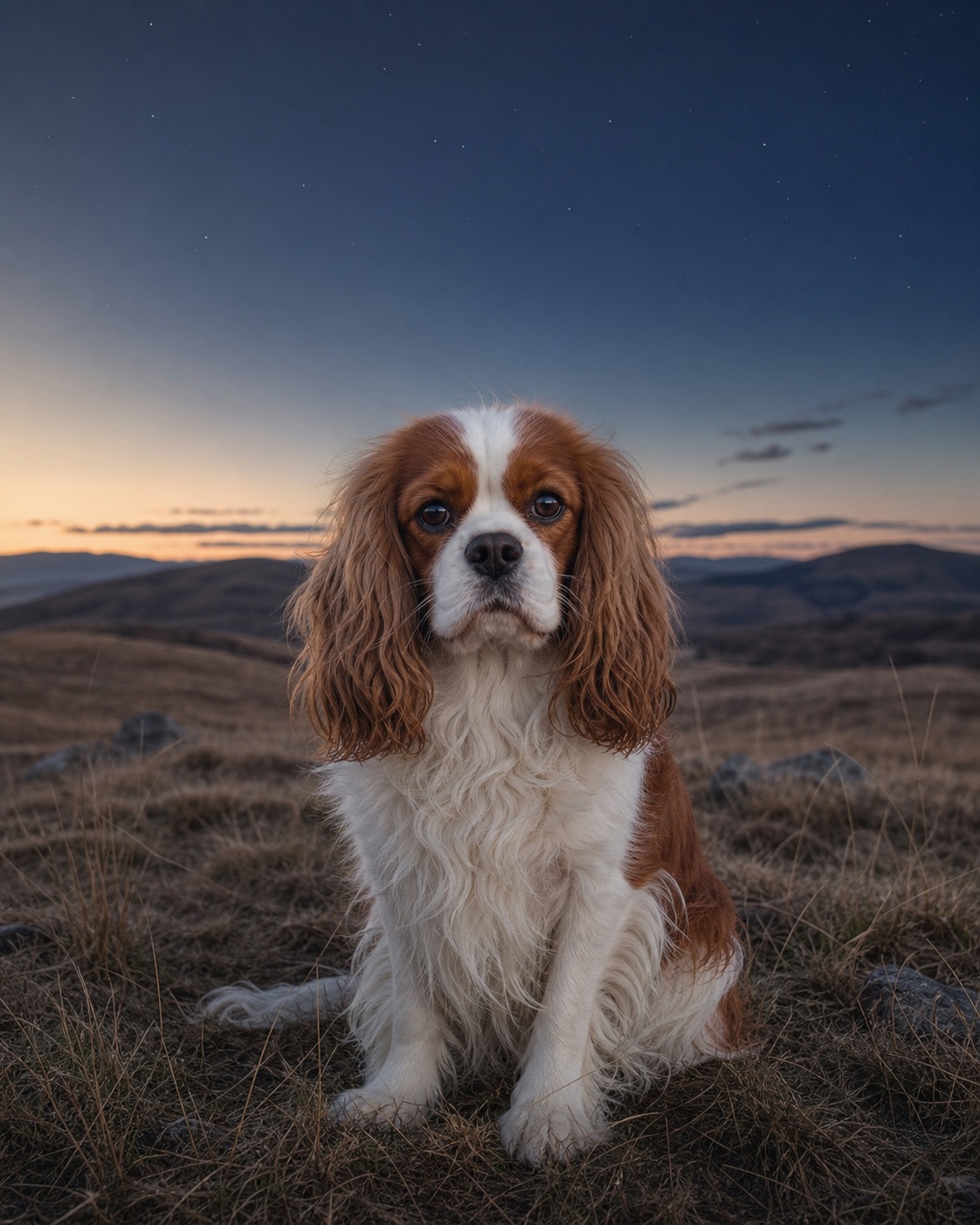 Cavalier King Charles Spaniel in a quiet blue-hour landscape