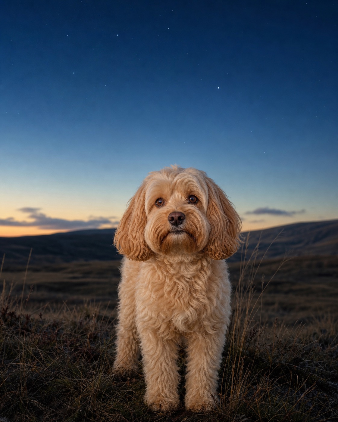 Cavoodle in a quiet blue-hour landscape