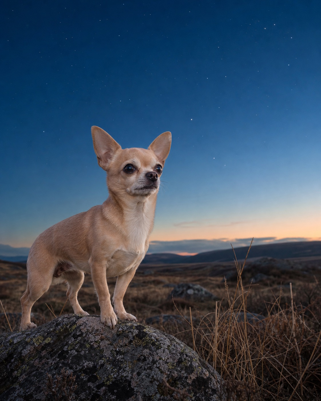 Chihuahua in a quiet blue-hour landscape