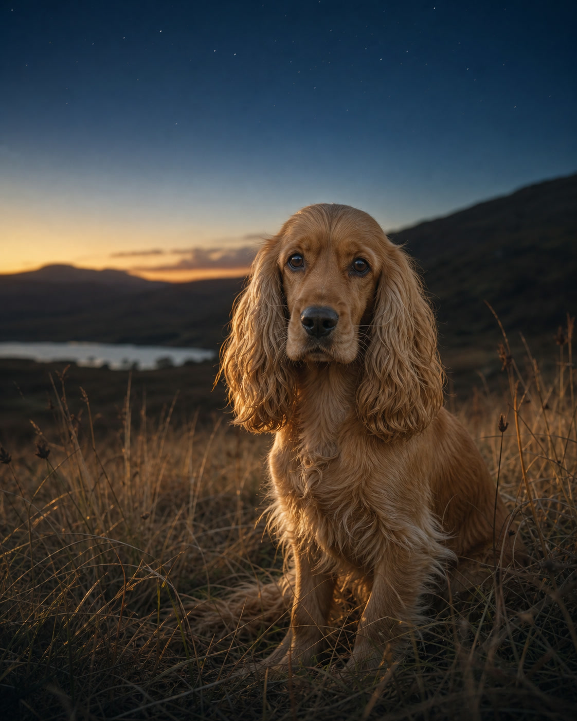 English Cocker Spaniel in a quiet blue-hour landscape
