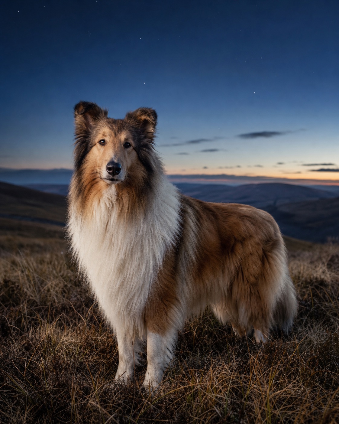 Collie in a quiet blue-hour landscape