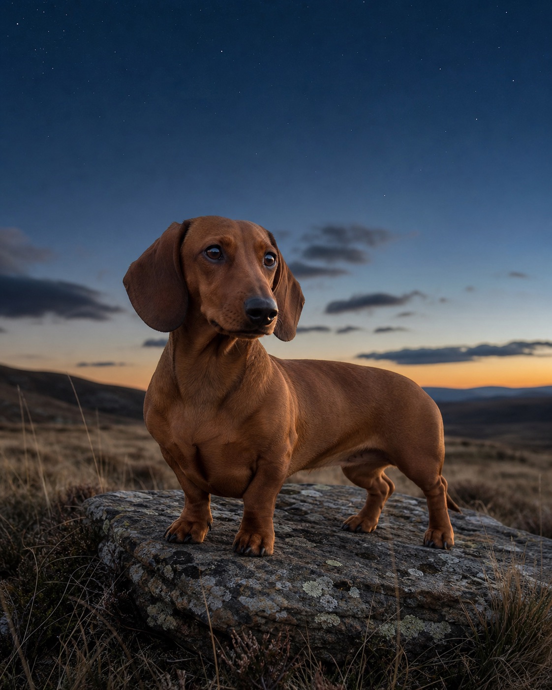 Dachshund in a quiet blue-hour landscape