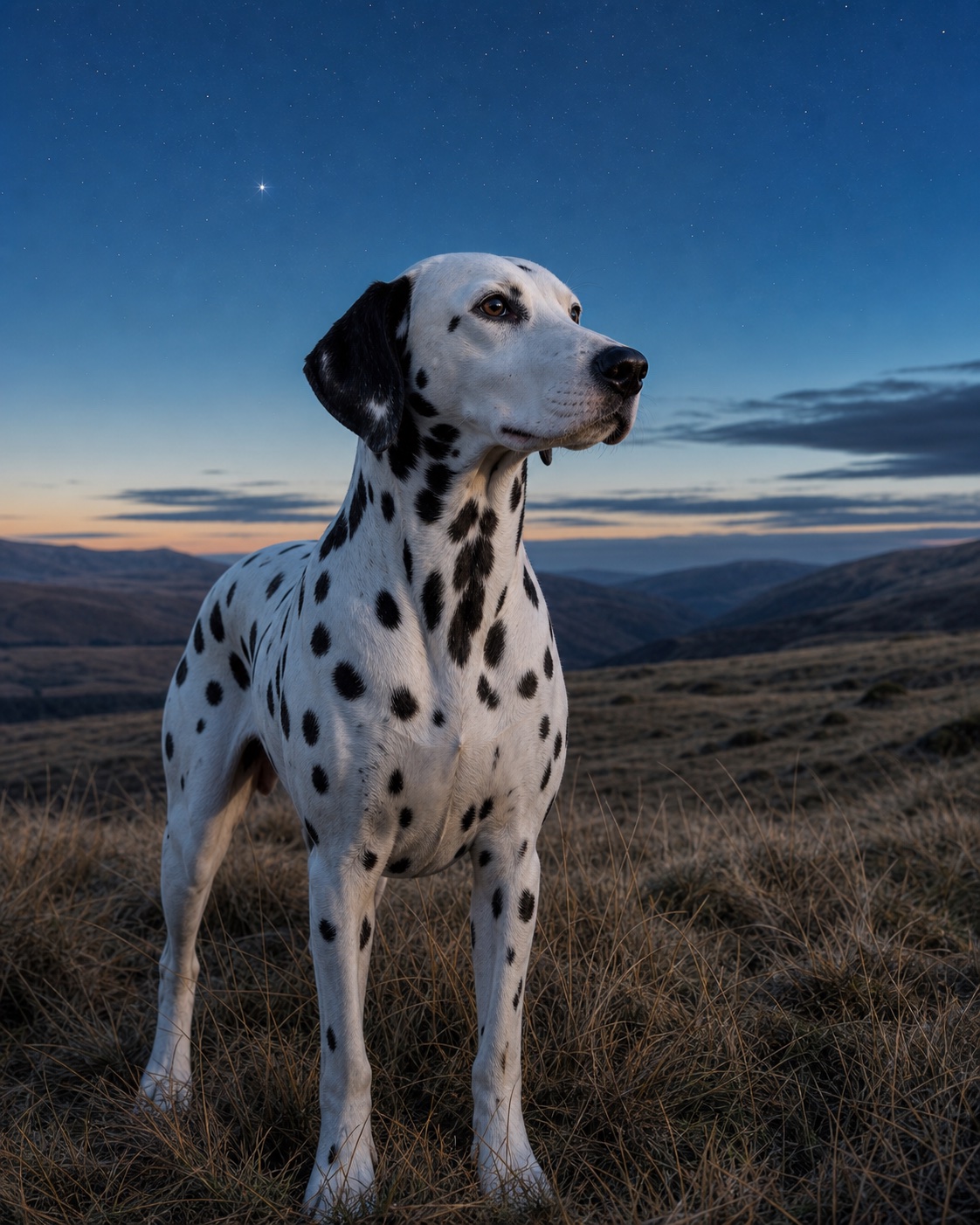 Dalmatian in a quiet blue-hour landscape