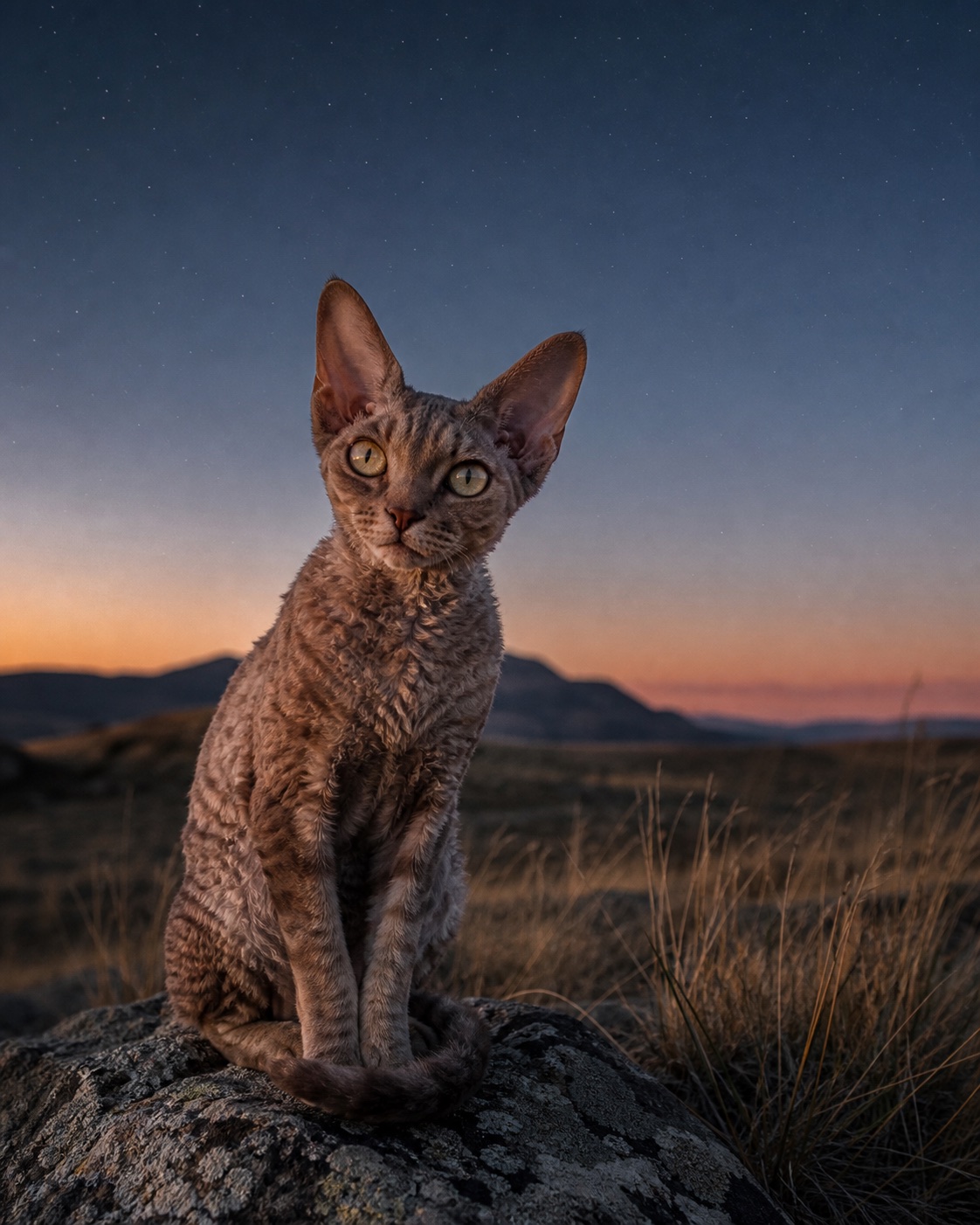 Devon Rex in a quiet blue-hour landscape