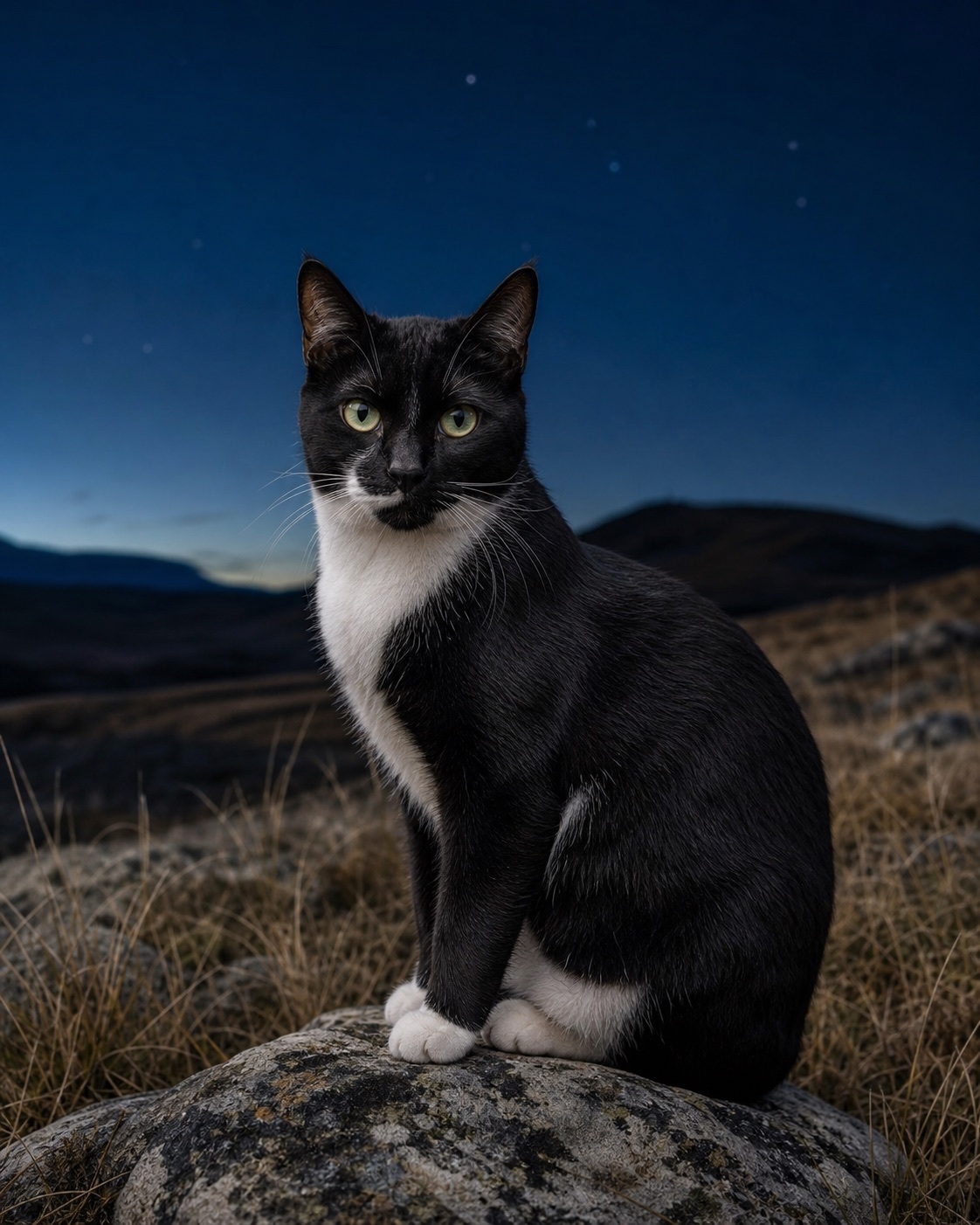 Domestic Shorthair in a quiet blue-hour landscape