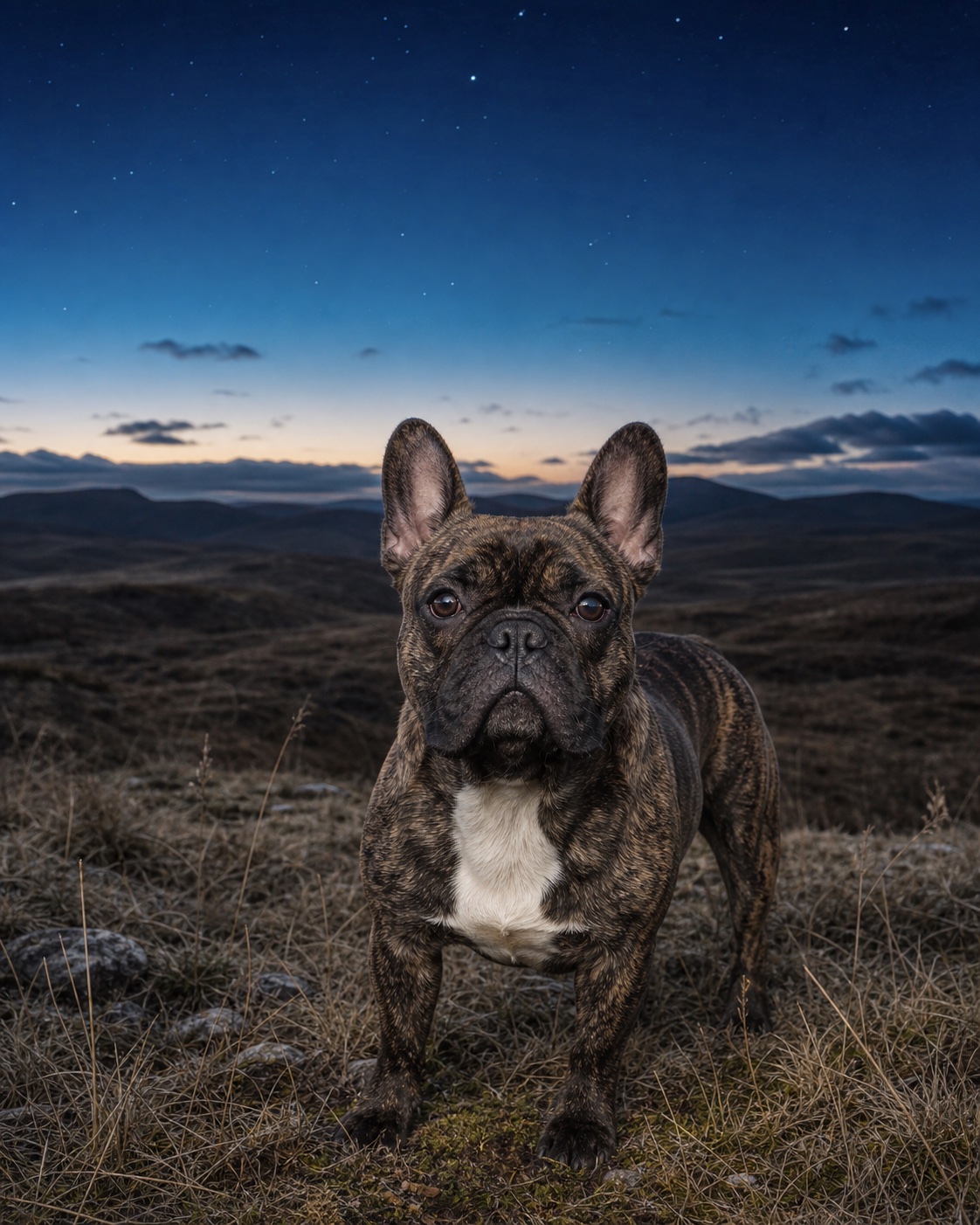 French Bulldog in a quiet blue-hour landscape