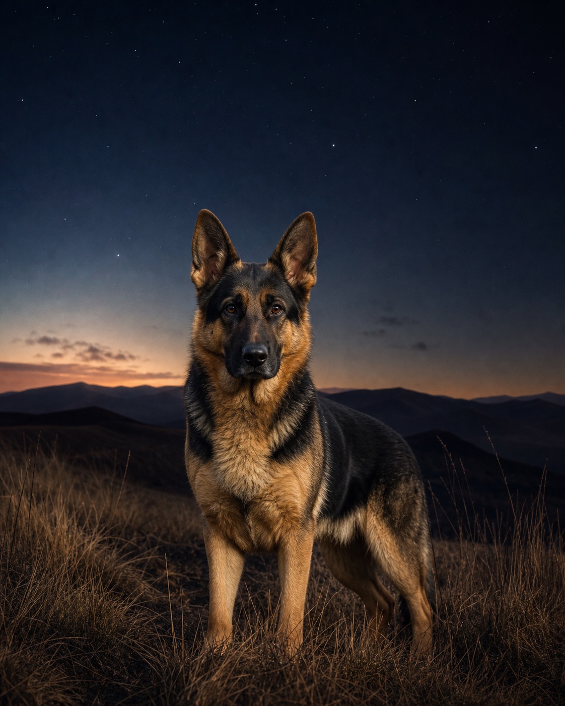German Shepherd Dog in a quiet blue-hour landscape