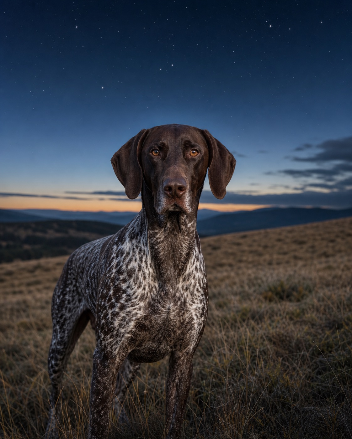 German Shorthaired Pointer in a quiet blue-hour landscape