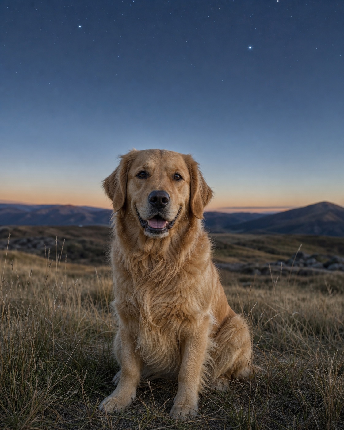 Golden Retriever in a quiet blue-hour landscape