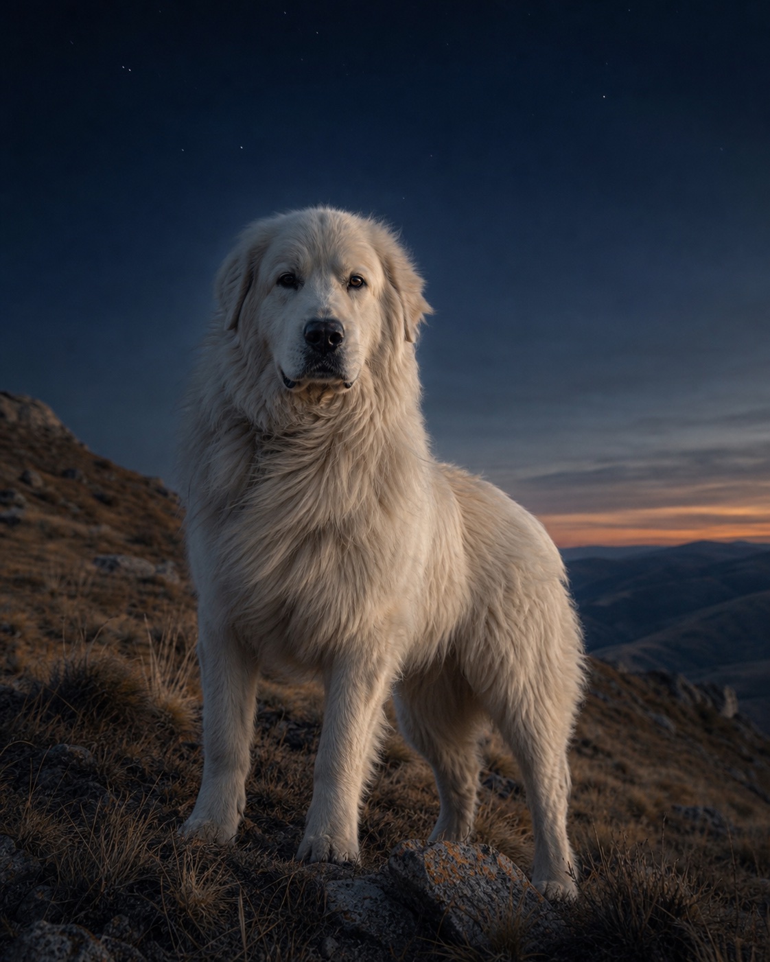 Great Pyrenees in a quiet blue-hour landscape