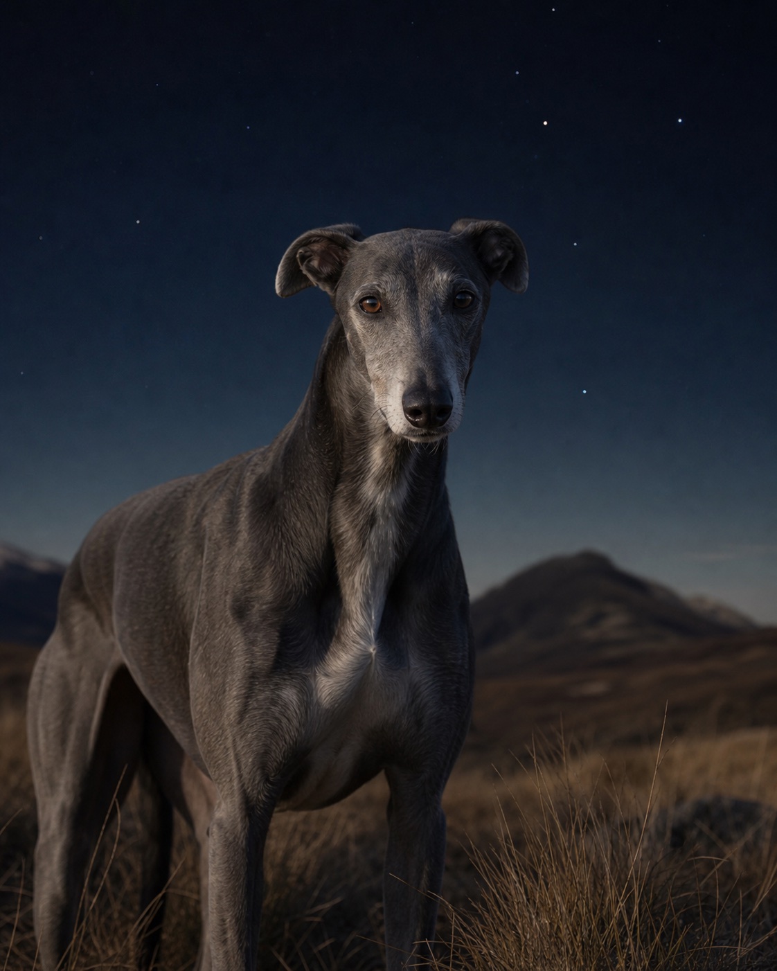 Greyhound in a quiet blue-hour landscape