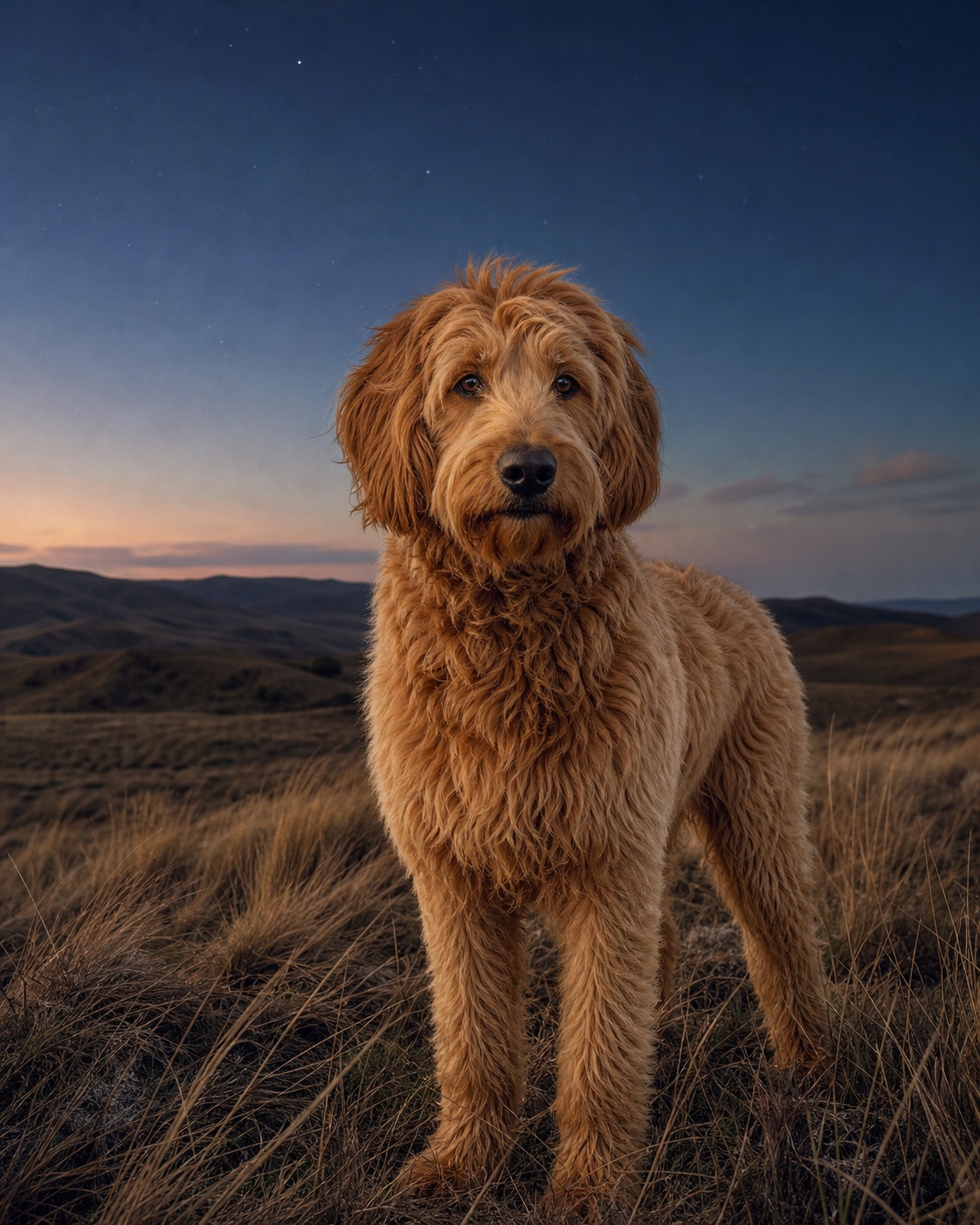 Groodle in a quiet blue-hour landscape