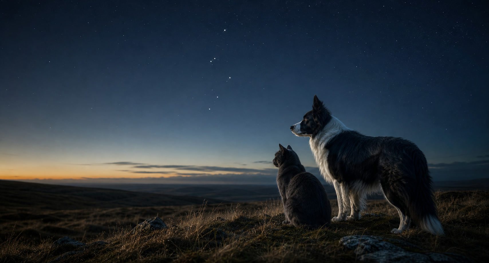 A Border Collie and grey cat looking across a highland landscape at blue hour