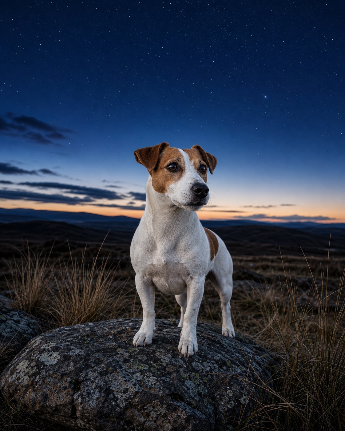 Jack Russell Terrier in a quiet blue-hour landscape