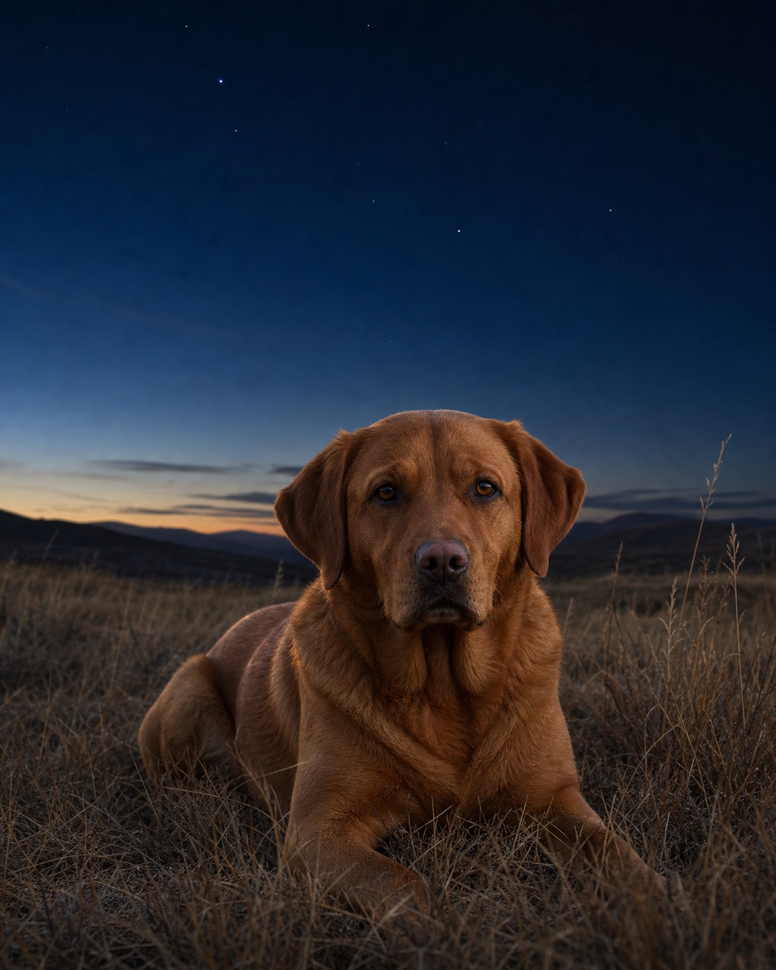 Labrador Retriever in a quiet blue-hour landscape