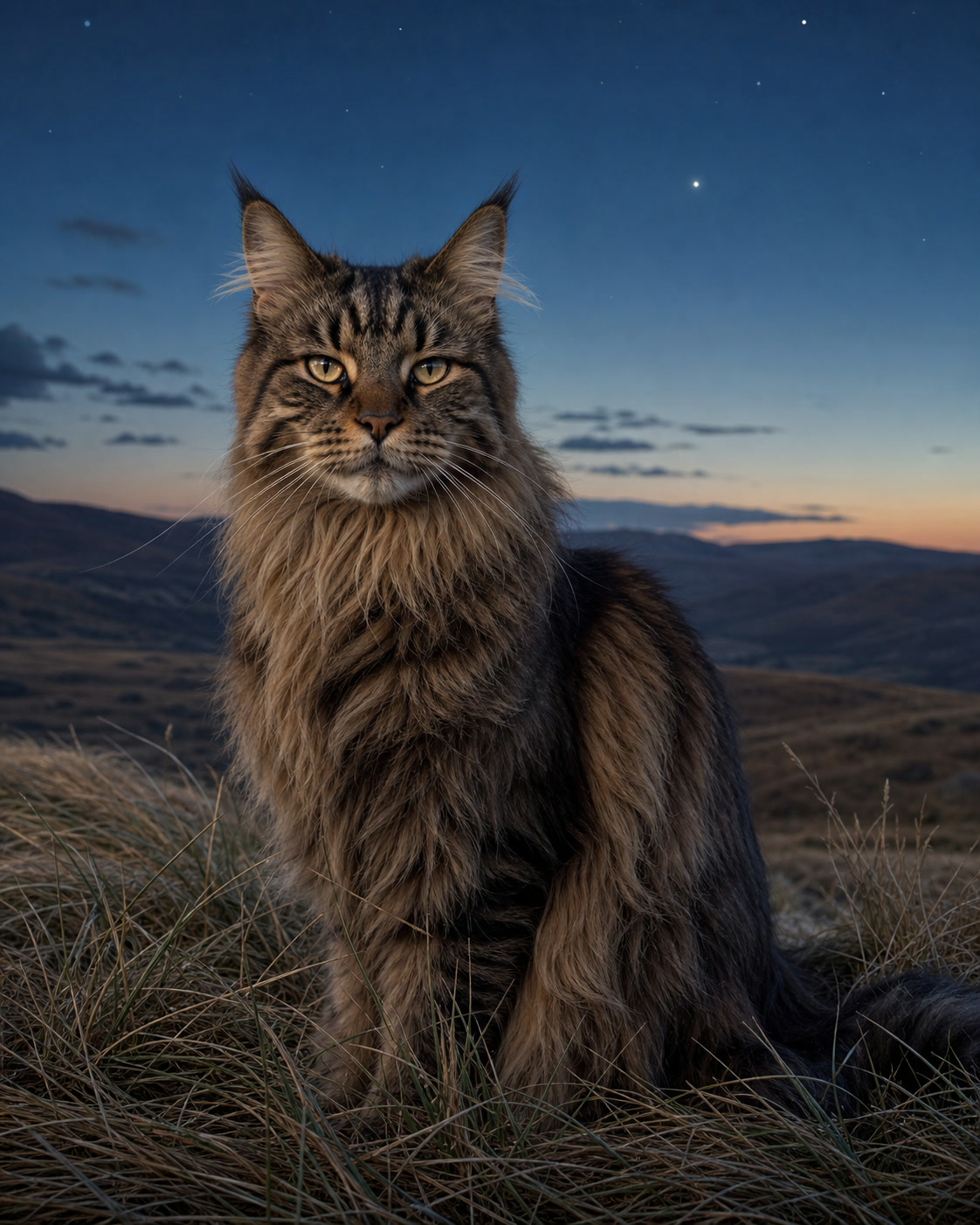 Maine Coon in a quiet blue-hour landscape