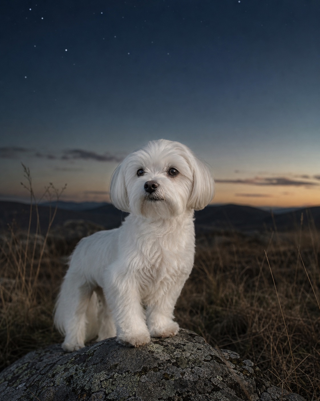 Maltese in a quiet blue-hour landscape