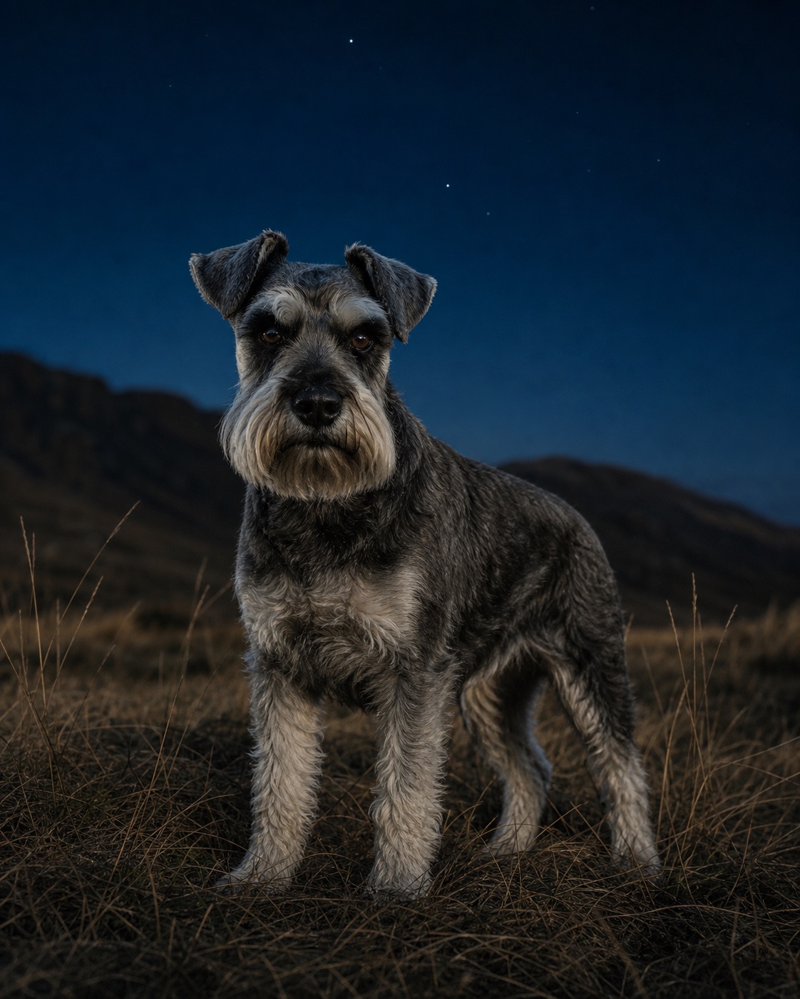 Miniature Schnauzer in a quiet blue-hour landscape