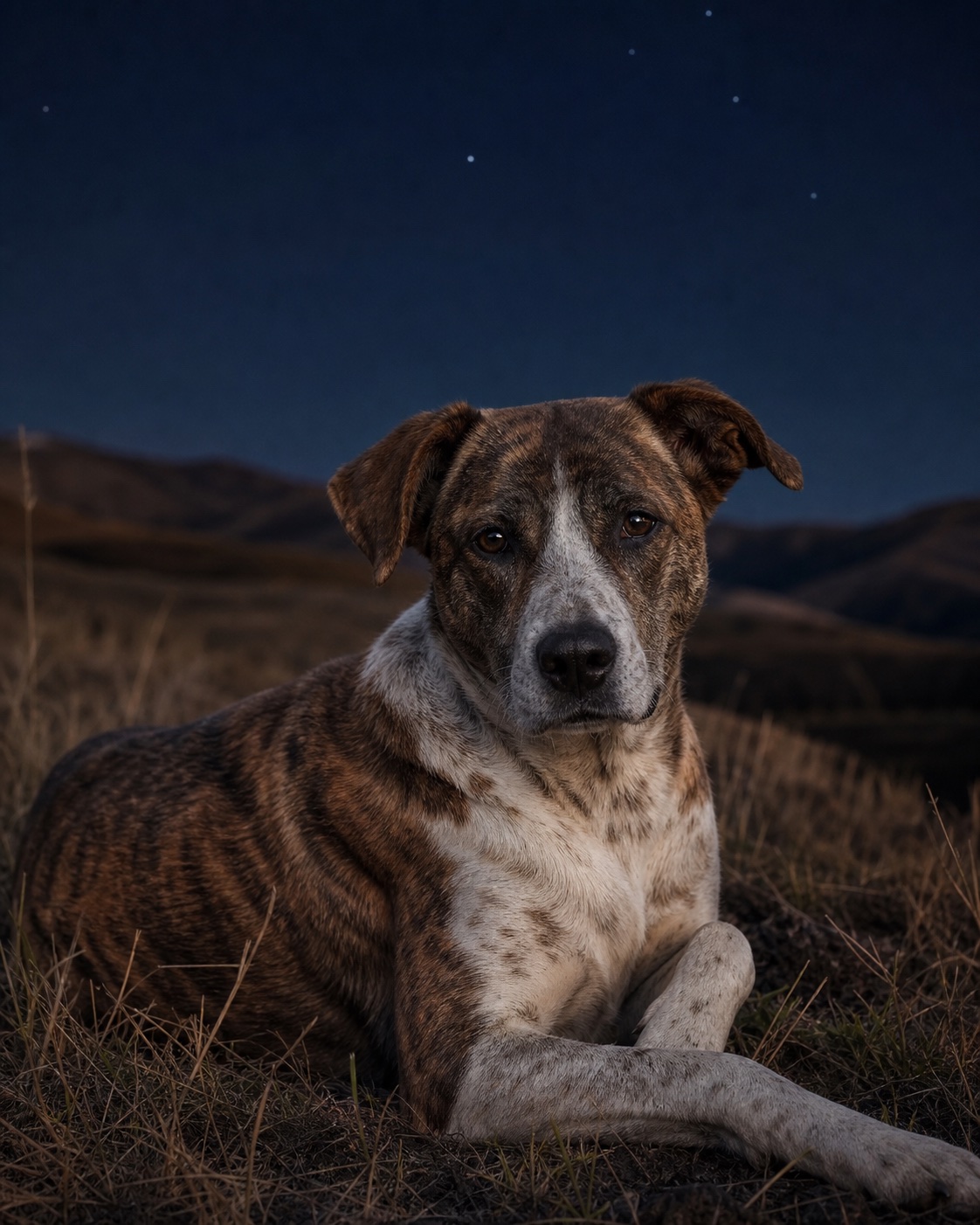 Mixed-Breed Rescue in a quiet blue-hour landscape
