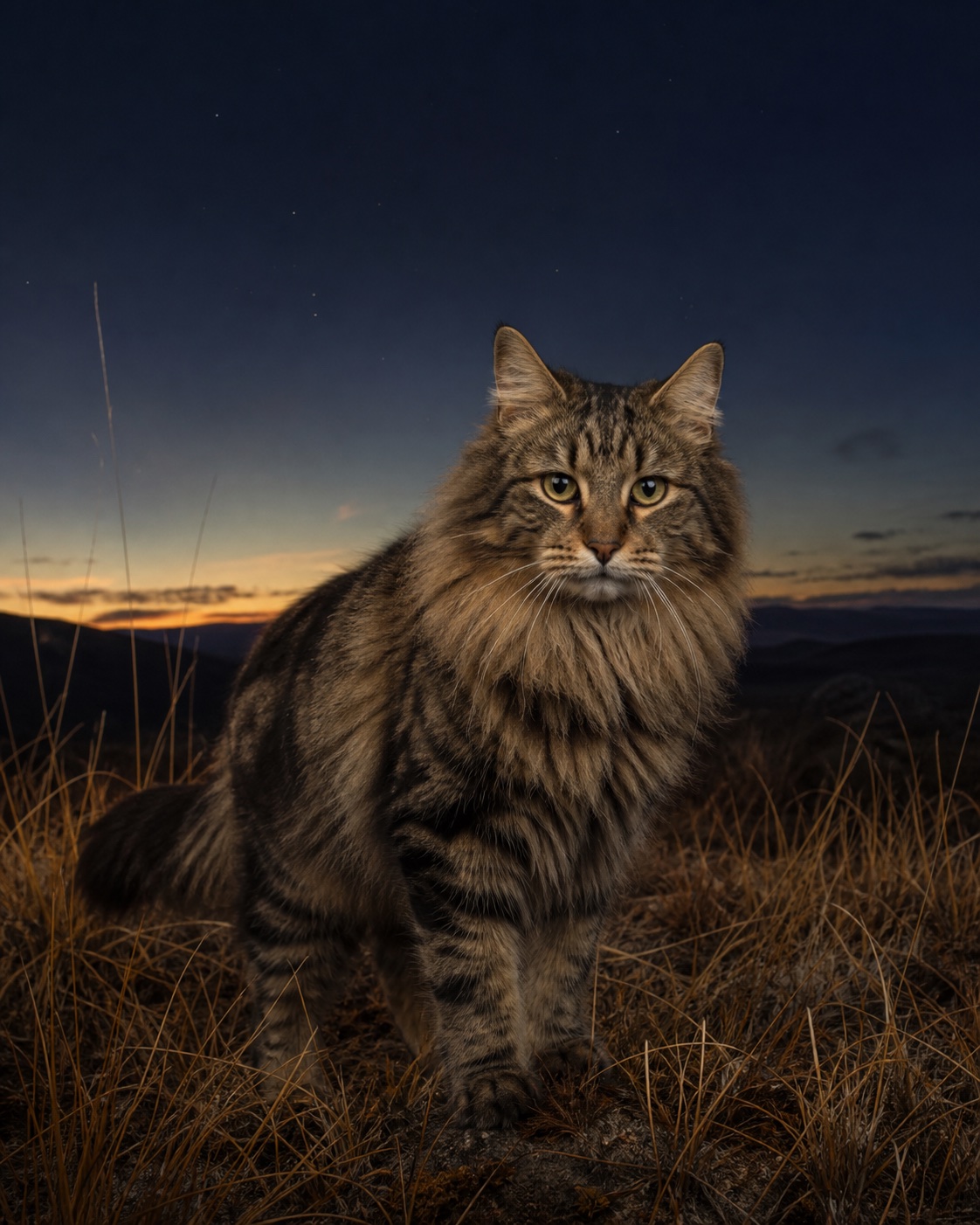Norwegian Forest Cat in a quiet blue-hour landscape
