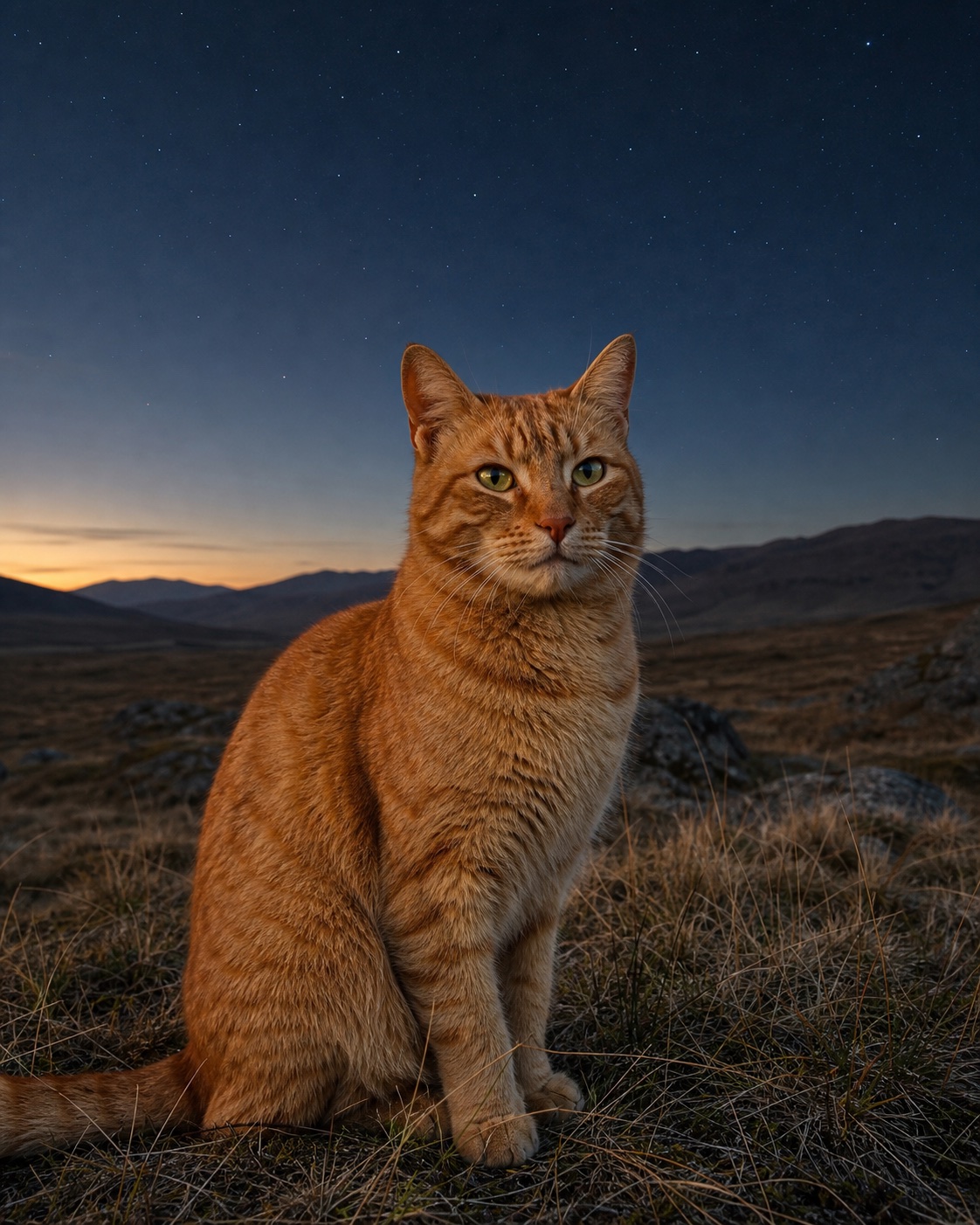 Orange Tabby Rescue in a quiet blue-hour landscape
