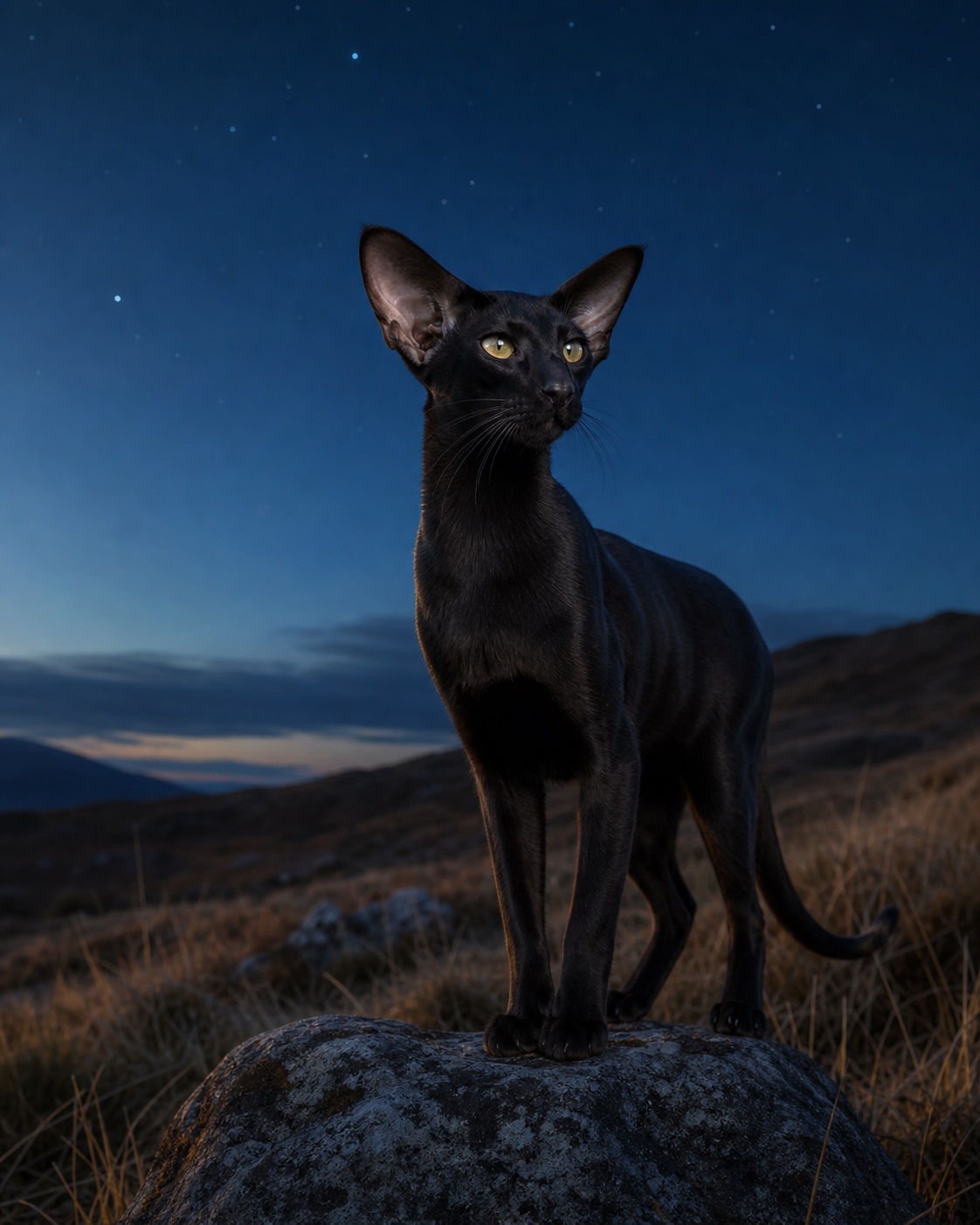Oriental Shorthair in a quiet blue-hour landscape