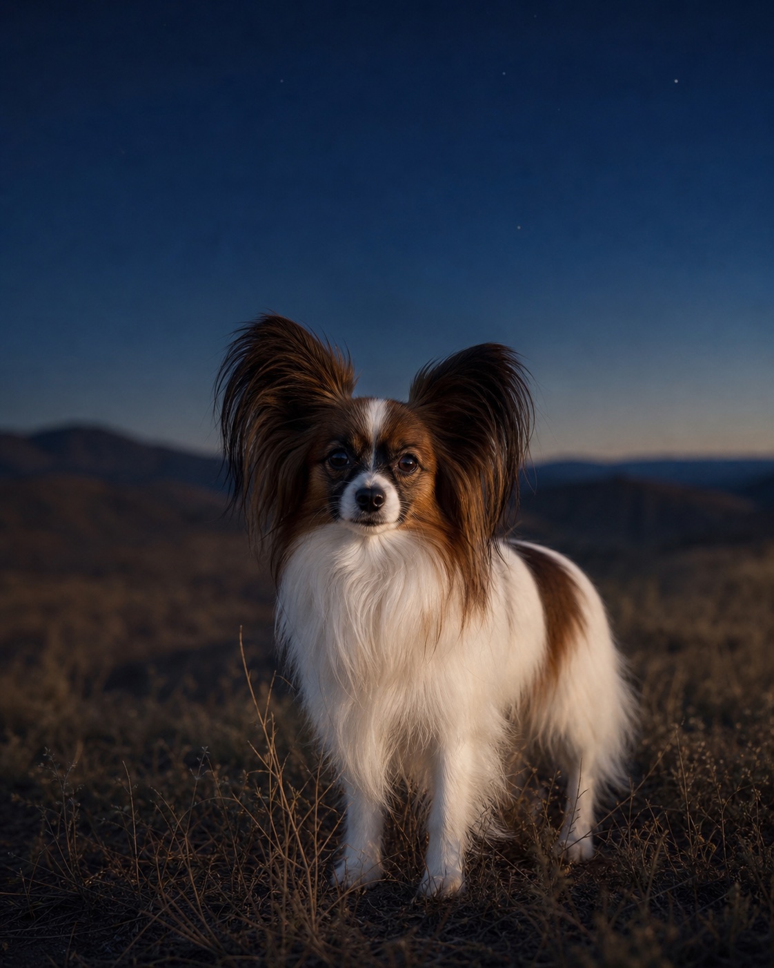Papillon in a quiet blue-hour landscape