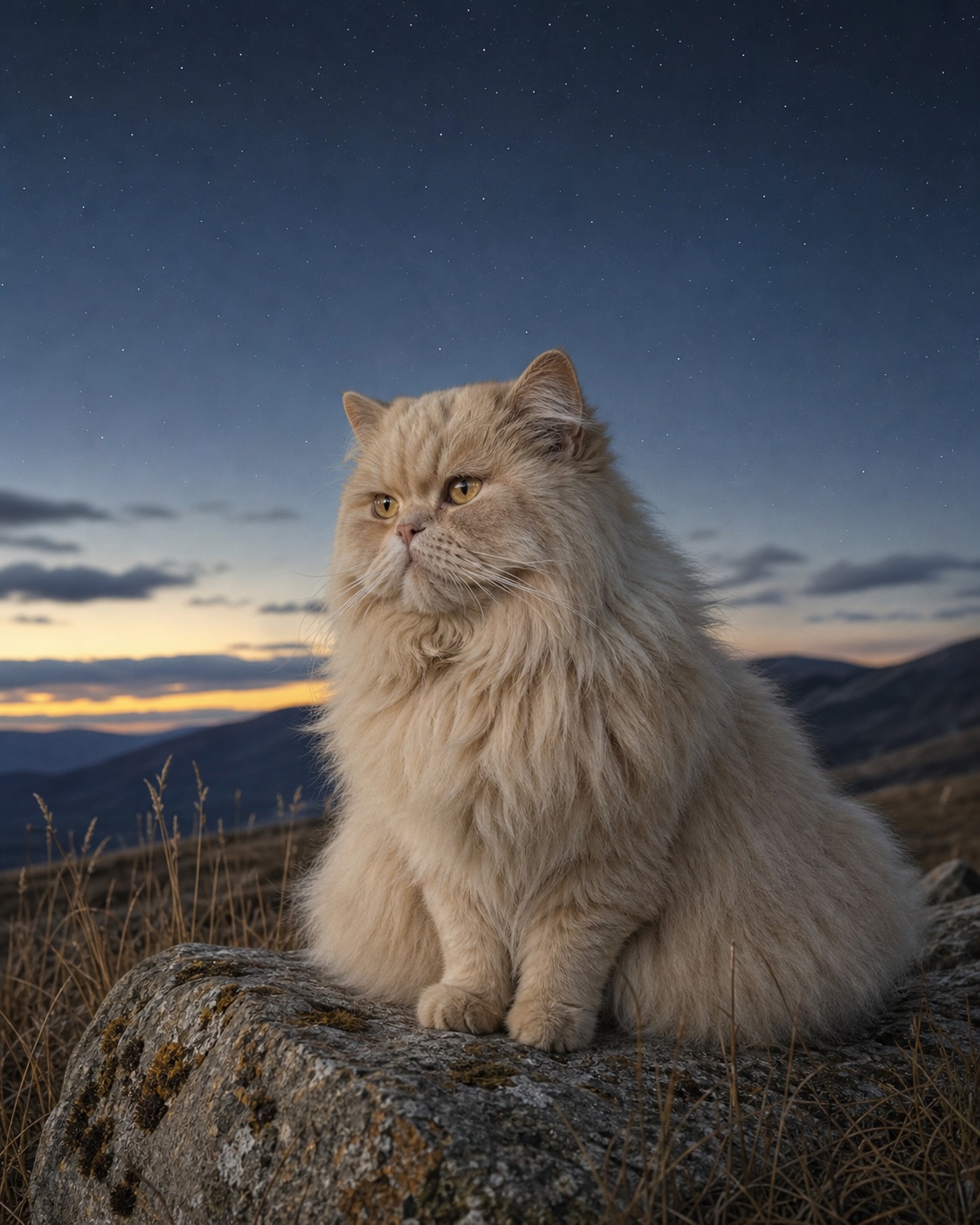 Persian in a quiet blue-hour landscape