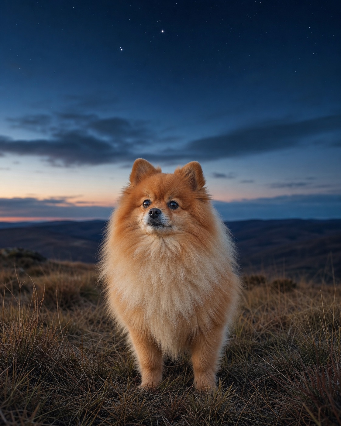 Pomeranian in a quiet blue-hour landscape