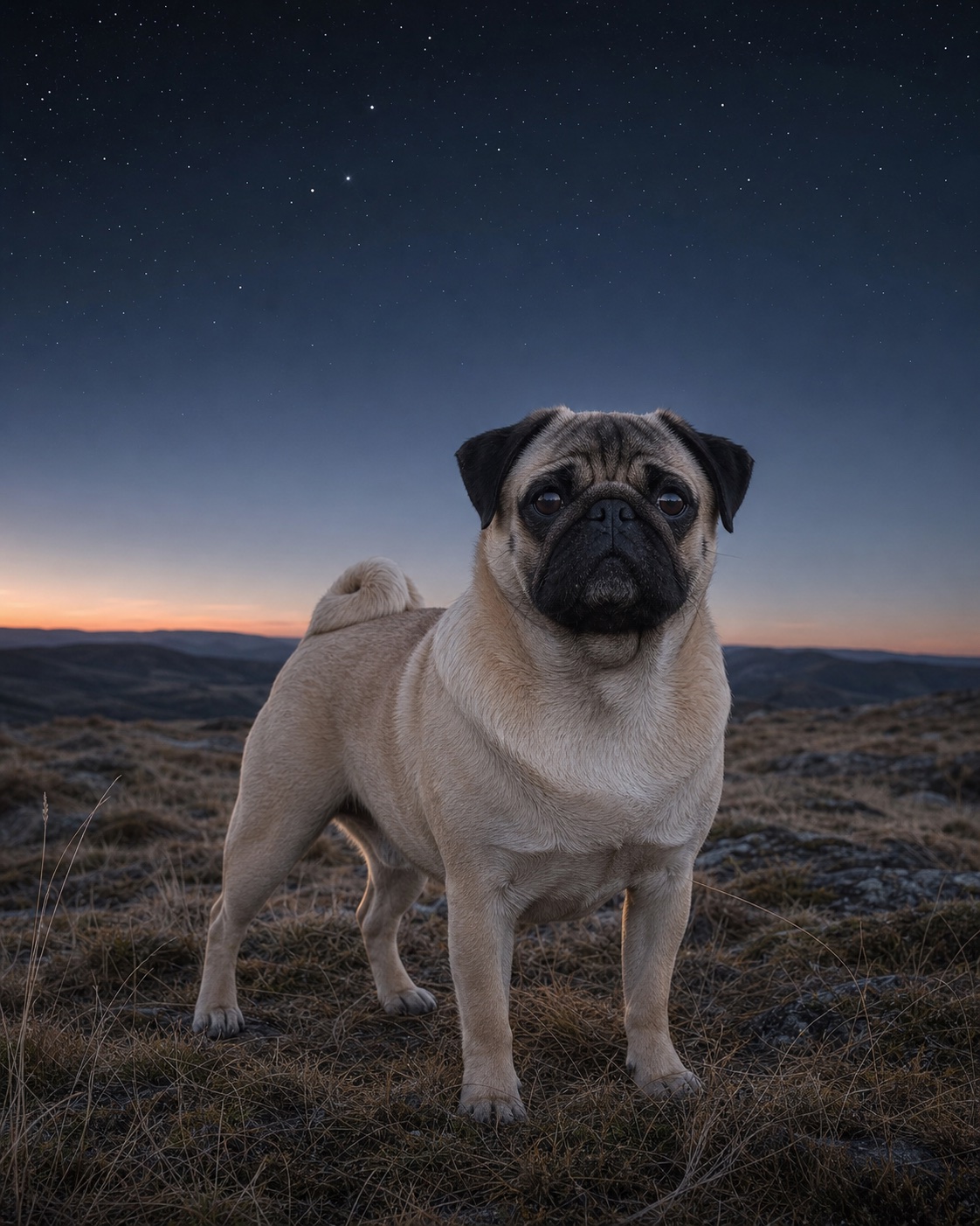 Pug in a quiet blue-hour landscape