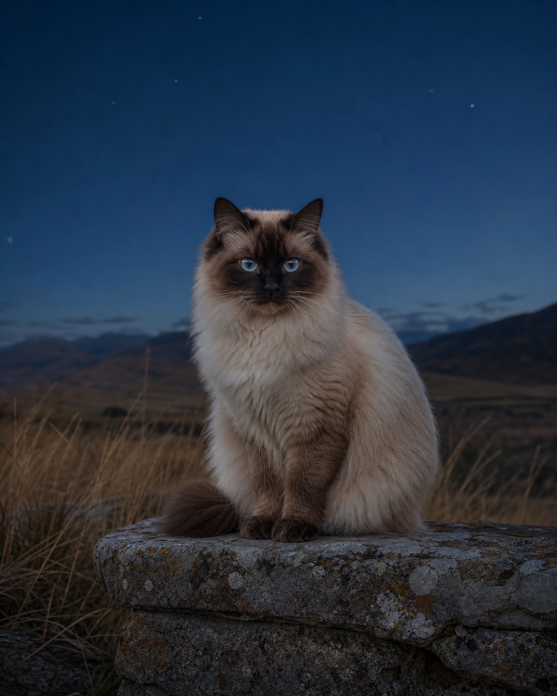 Ragdoll in a quiet blue-hour landscape