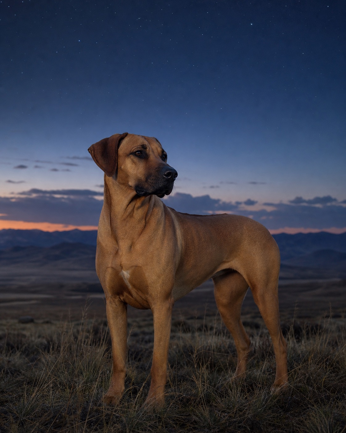 Rhodesian Ridgeback in a quiet blue-hour landscape