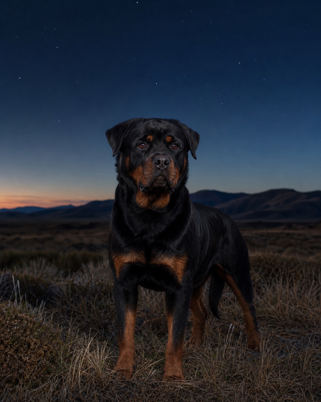 Rottweiler in a quiet blue-hour landscape