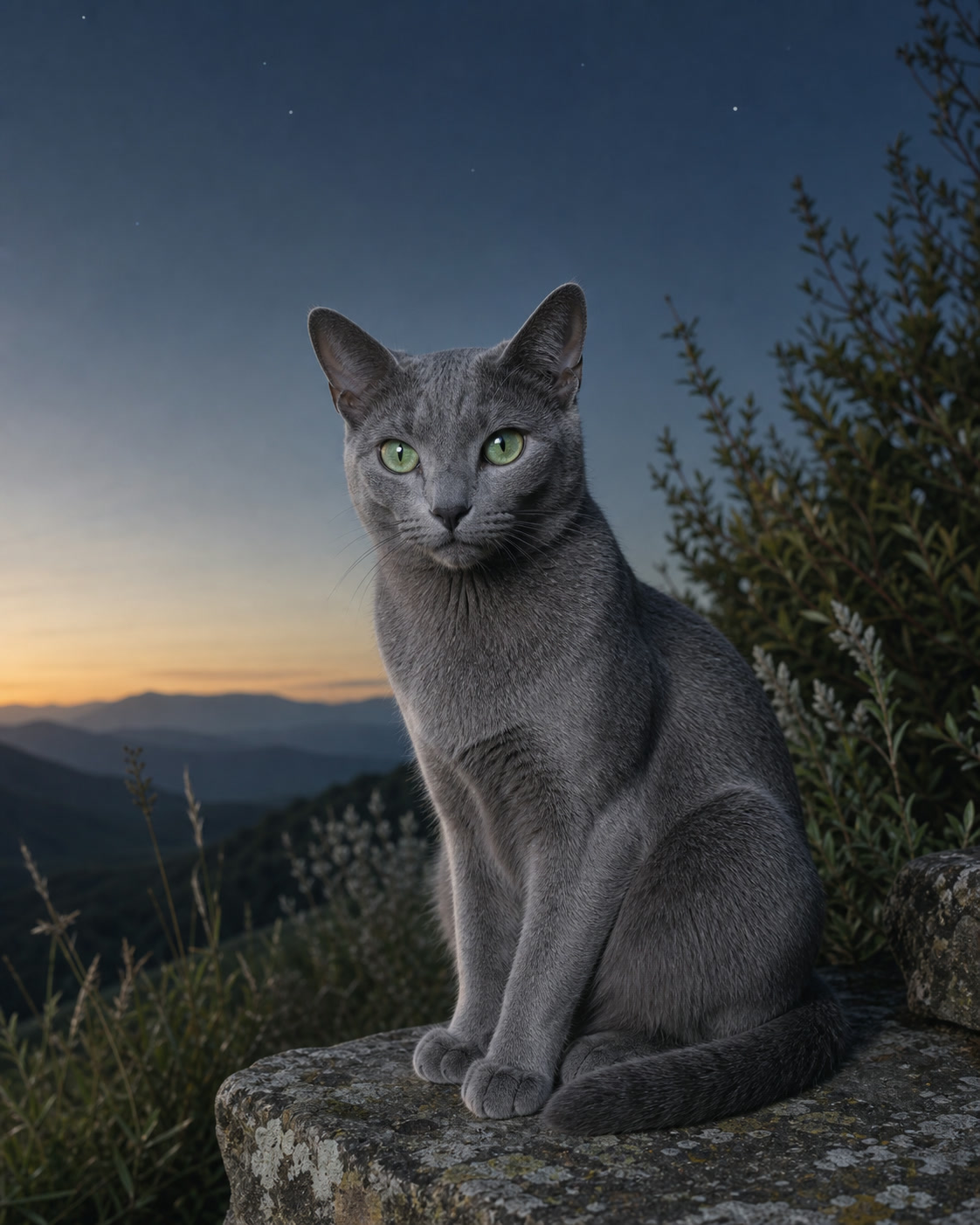 A poised Russian Blue cat in a quiet landscape at blue hour