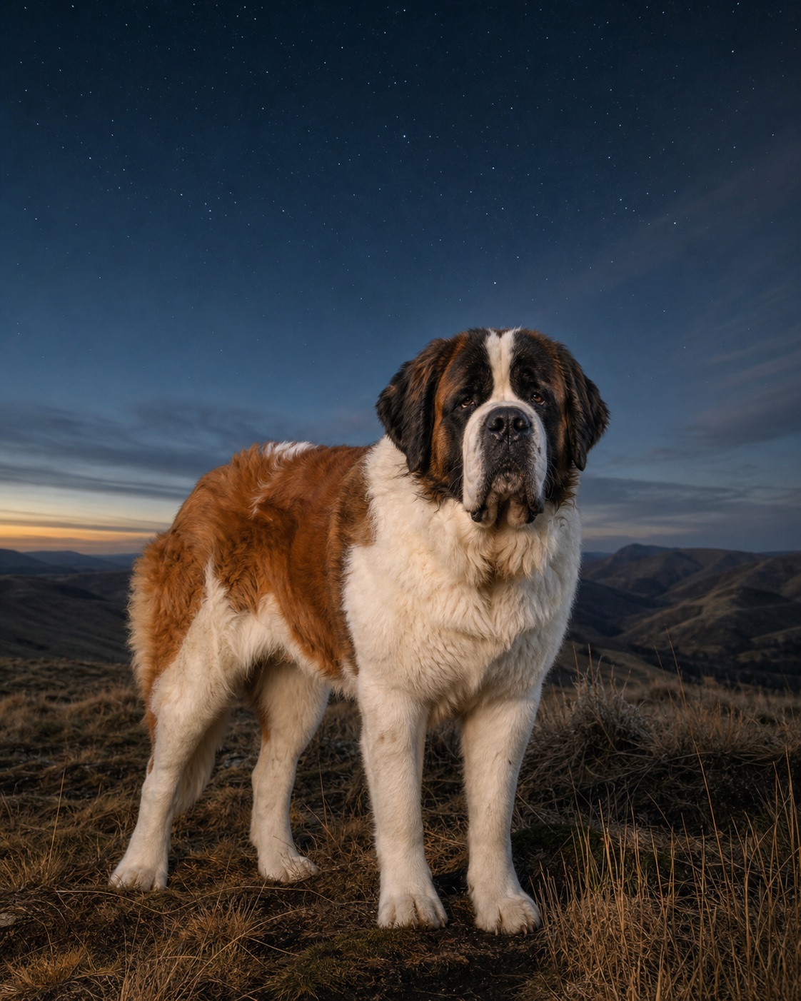 Saint Bernard in a quiet blue-hour landscape