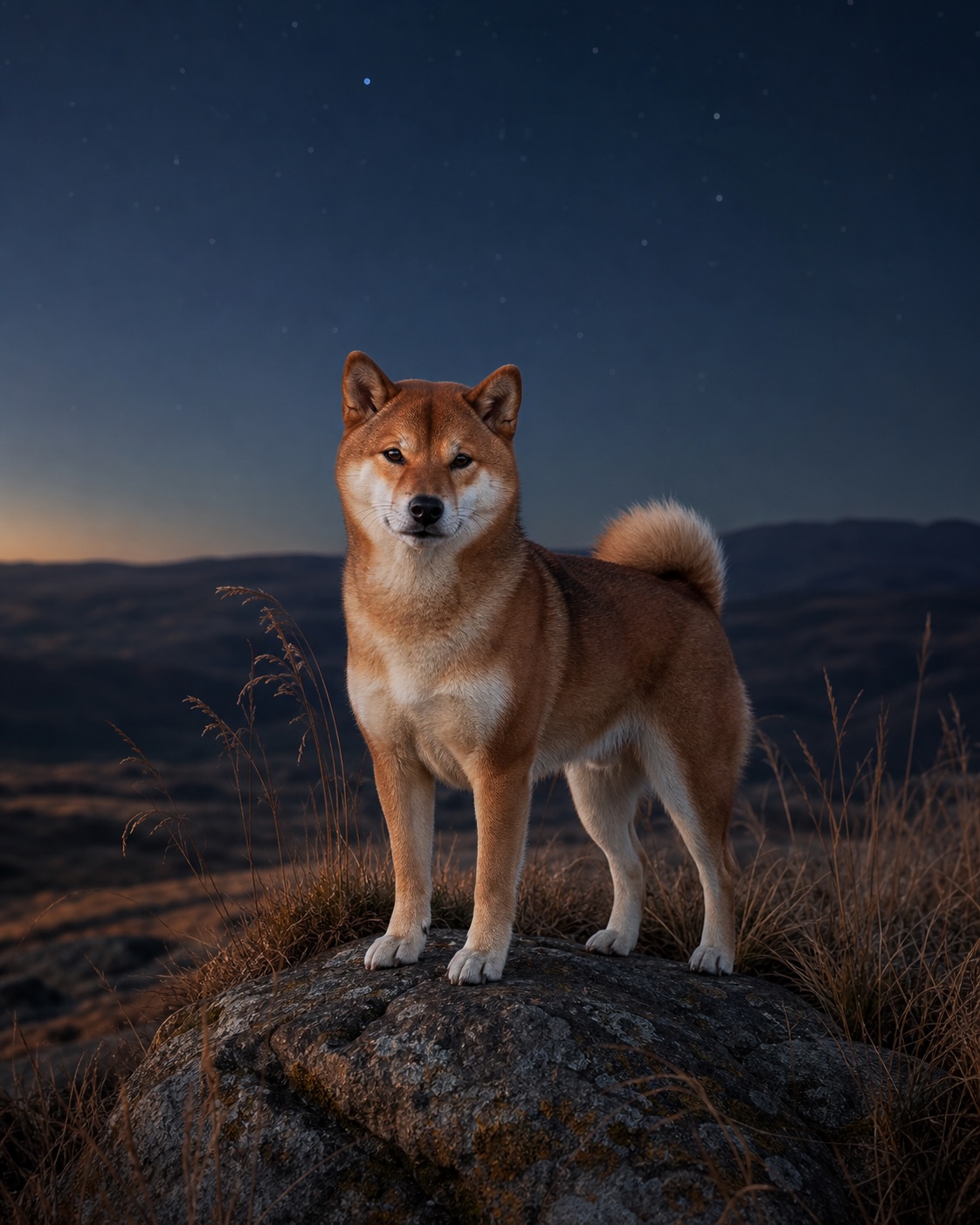 Shiba Inu in a quiet blue-hour landscape