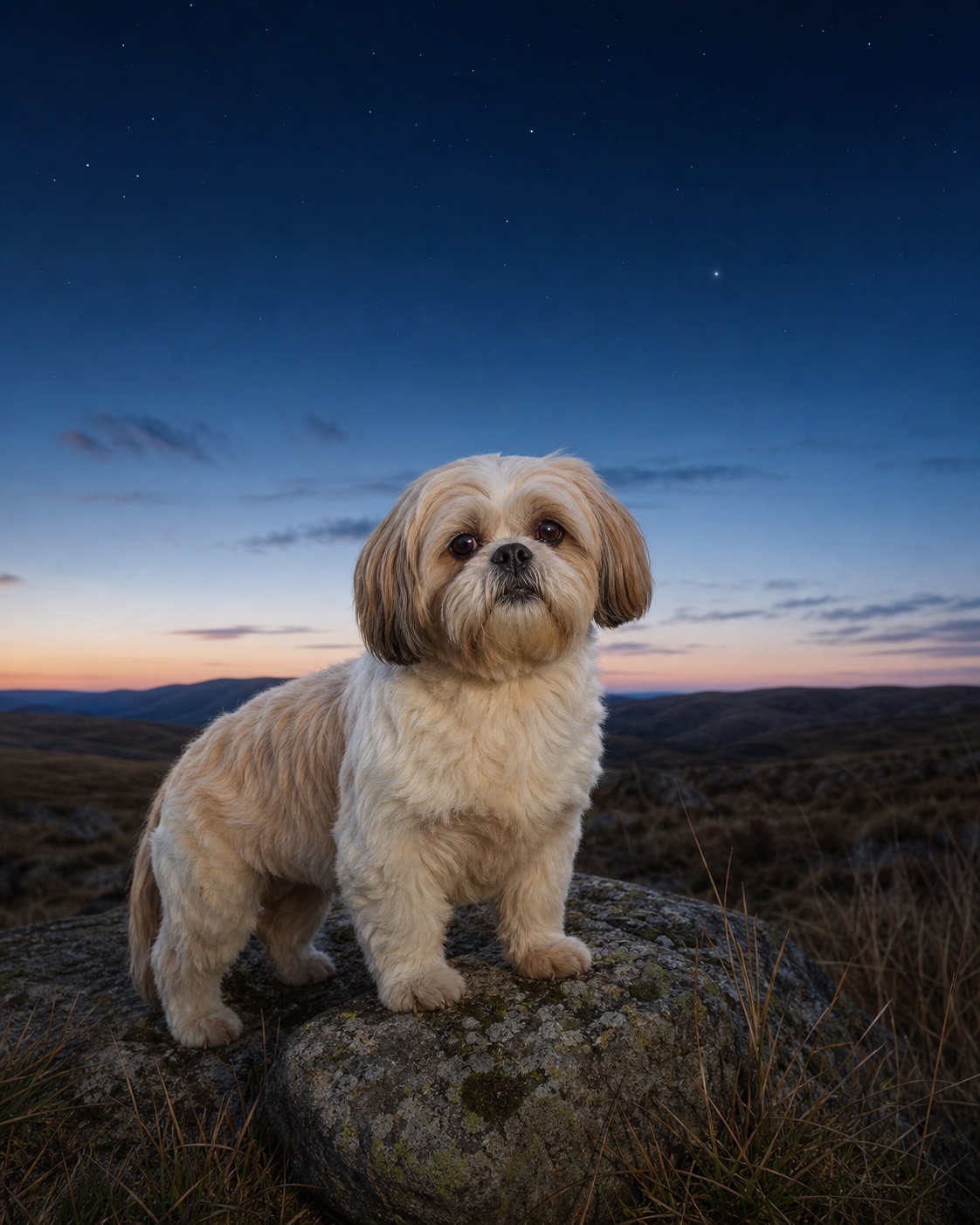 Shih Tzu in a quiet blue-hour landscape