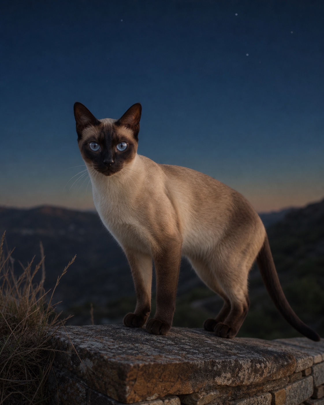Siamese in a quiet blue-hour landscape