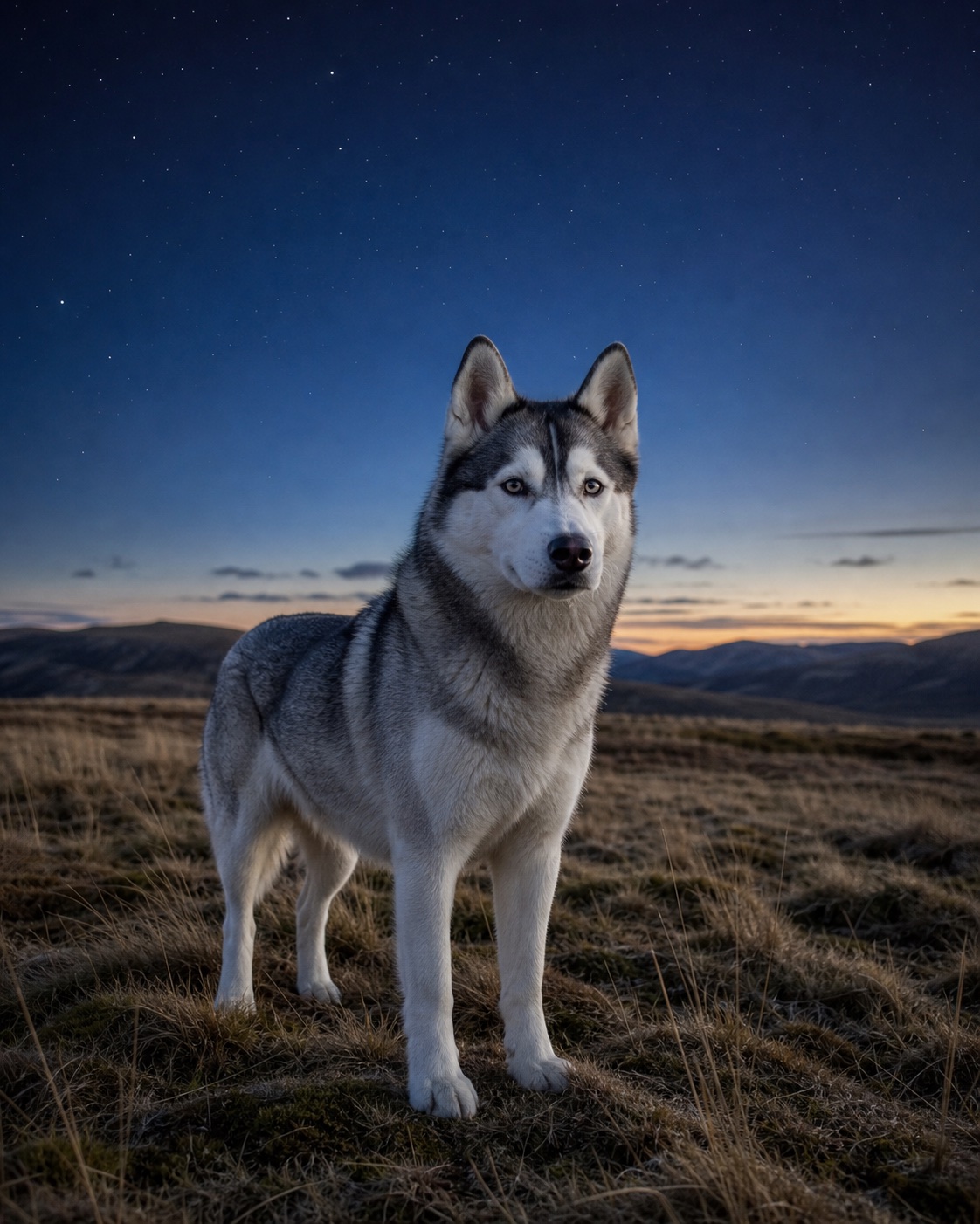 Siberian Husky in a quiet blue-hour landscape